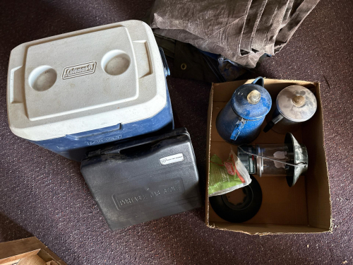 Coleman Cooler, Most Table Top Gas Stove, Percolators, Lantern, Funnel &ndash; Camping Set Lot
