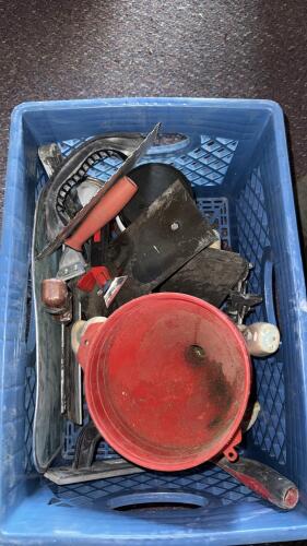 Contractor Tool Lot with Notched Trowel, Floats, Knives, Sanding Block, Pan, and Hose Clamps
