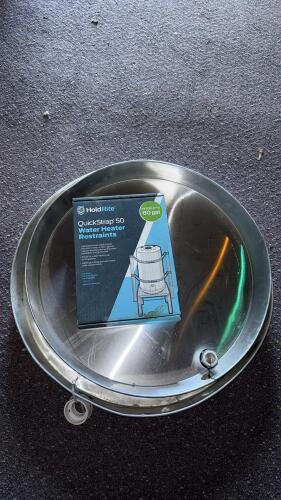 Eastman Stainless Steel Water Heater Drain Pans (2) w/ HoldRite 80 gal QuickStrap Restraint Kit
