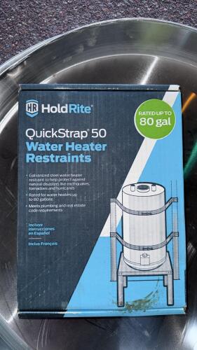 Eastman Stainless Steel Water Heater Drain Pans (2) w/ HoldRite 80 gal QuickStrap Restraint Kit - 2