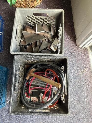 Mixed Scrap Metal & Electrical Lot: 2 Crates, Hammer, Heavy Cables, Steel Pieces